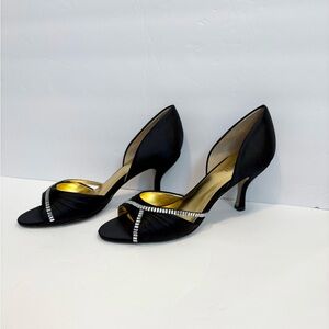 Nine West Satin Quorra Heels Black With Rhinestone Bling Accents Size 8M NWOB